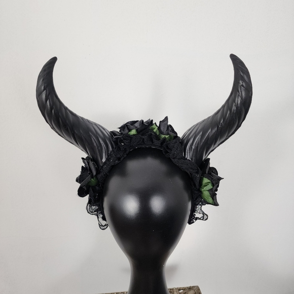 Krampus Horns Straight Pointy Devil Demon Headband Black Rose Costume Head Piece - Picture 6 of 6